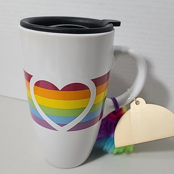 Rainbow Heart Ceramic Tumbler Travel Mug With Lid and Rainbow Pompom - Picture 3 of 8